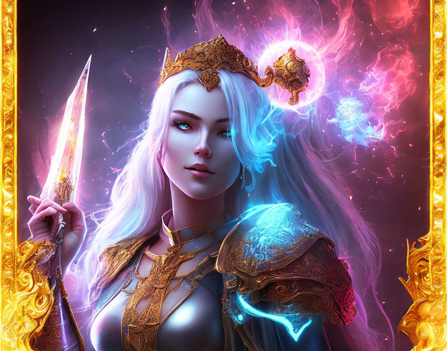 Fantasy female character with glowing sword and golden crown in magical setting