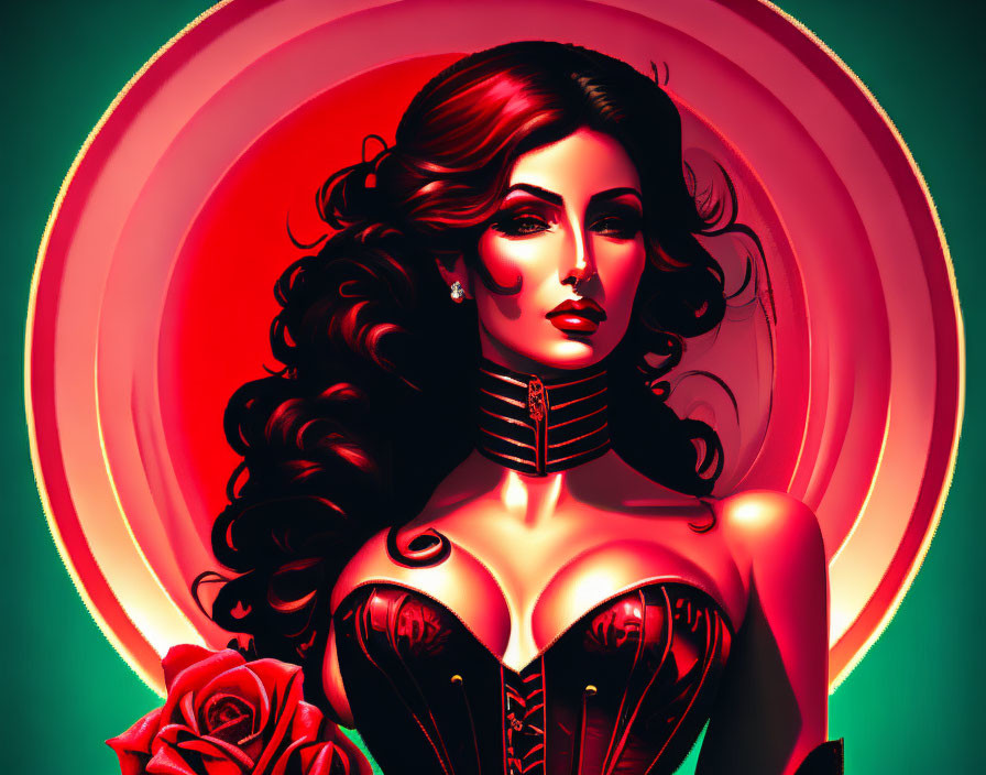 Illustration of woman with voluminous hair in red corset holding rose on red backdrop