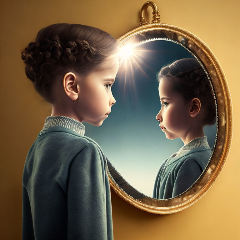 Young girl with braided hair gazes at reflection in ornate mirror