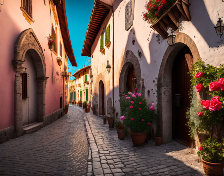 Colorful Cobblestone Street with Old Buildings and Flowering Plants