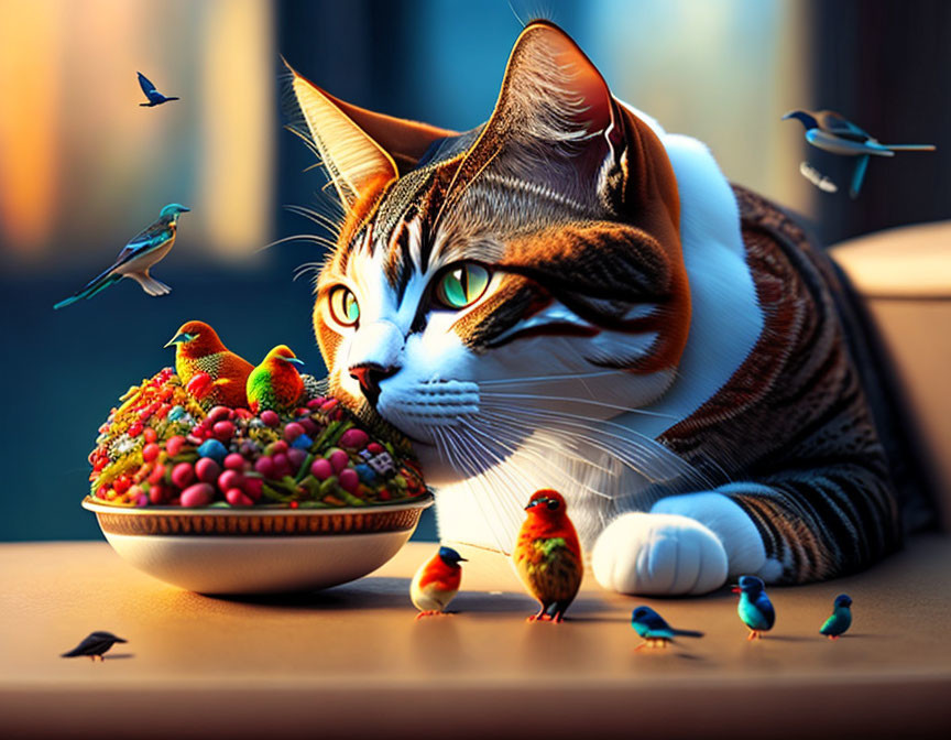 Colorful Cat with Birds and Berries in Sunlit Scene