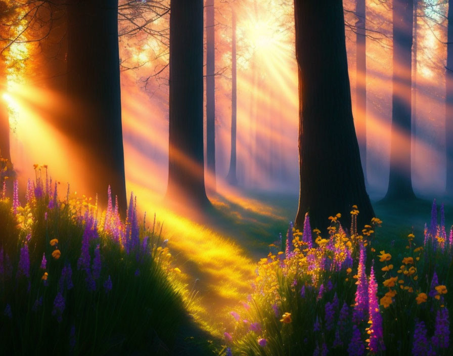 Forest scene: Sunbeams illuminate wildflowers in warm glow