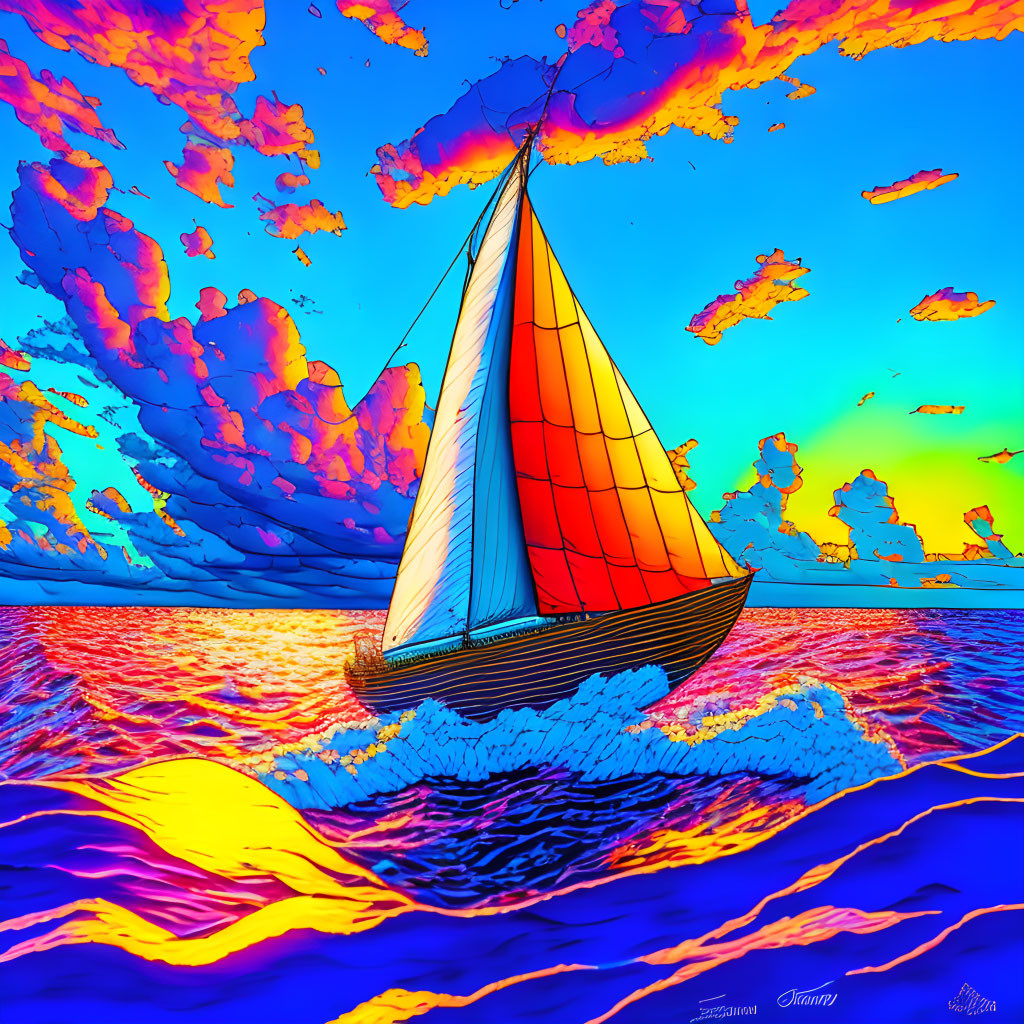 Colorful sailboat artwork with red and white sails on blue and yellow waters under a dramatic sky.