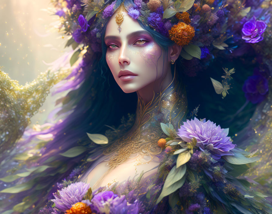 Purple-skinned female figure adorned with gold jewelry and floral crown in ethereal setting.