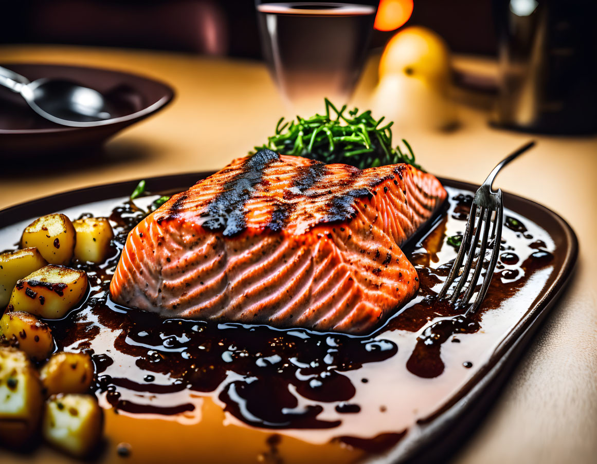 Salmon Fillet with Potatoes, Greens, Balsamic Reduction, Cutlery, and