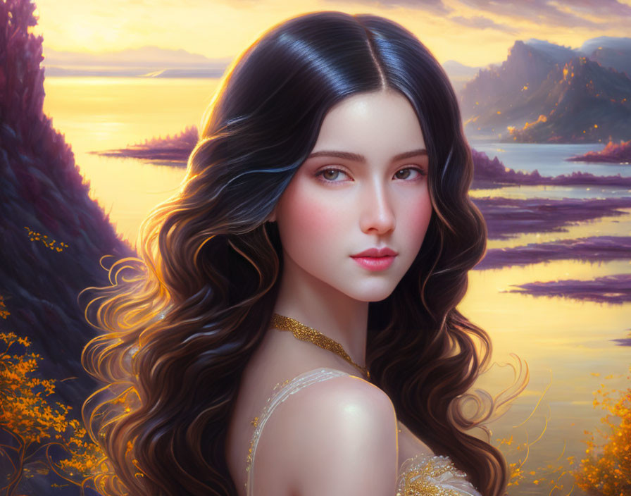 Digital painting of woman with long wavy hair in off-shoulder dress in golden sunset landscape