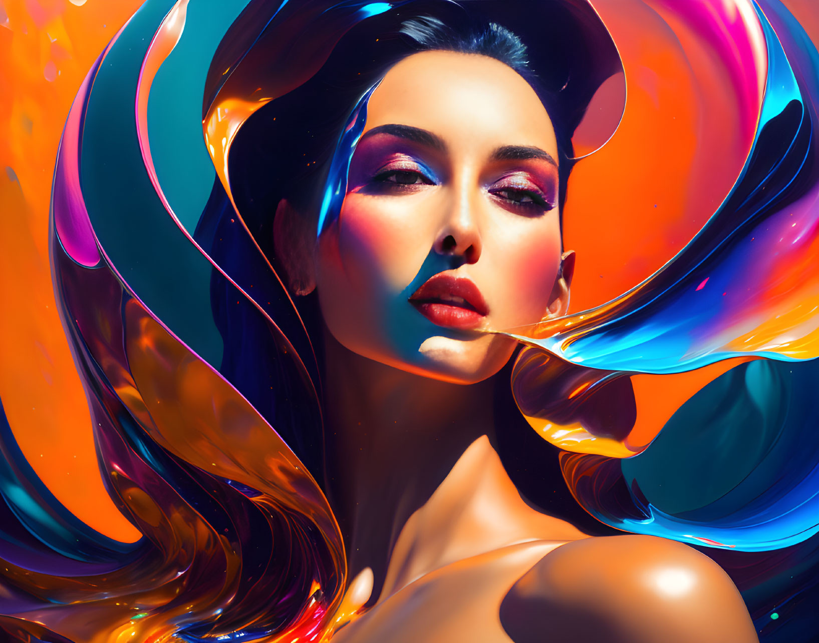 Colorful digital artwork: Woman amidst swirling liquid shapes