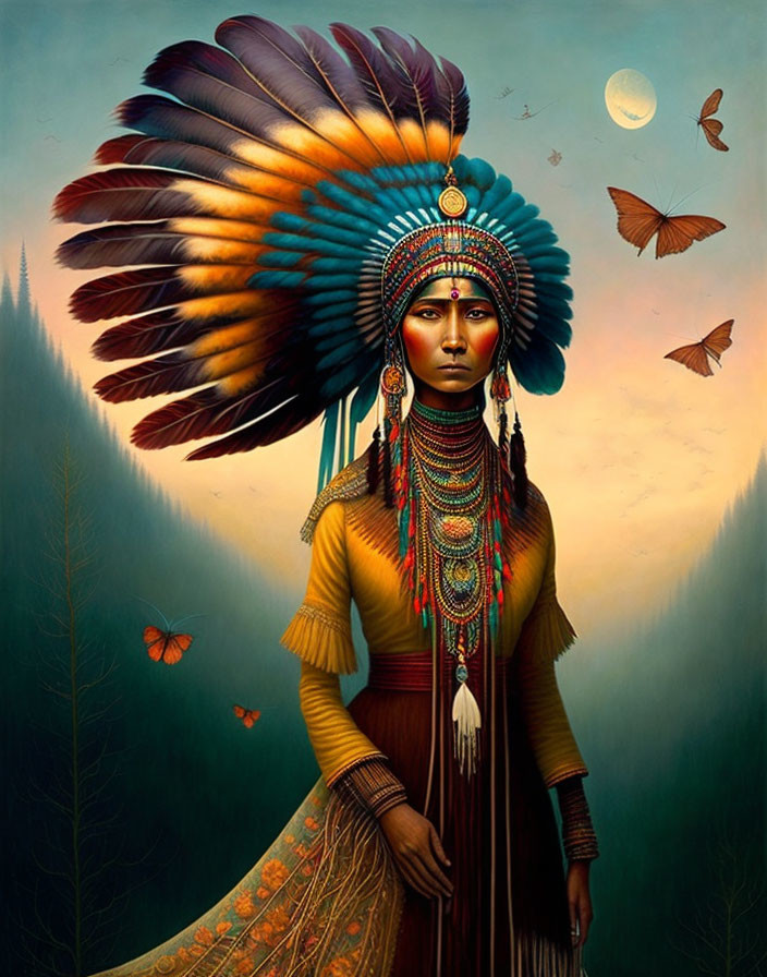 Detailed illustration of woman in feather headdress and traditional attire in forest setting