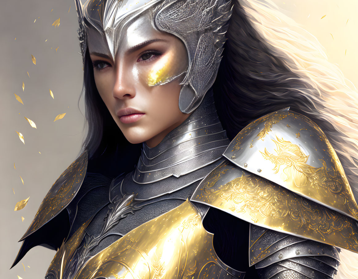 Detailed Warrior Woman Illustration with Silver and Gold Armor, Winged Helmet, and Floating Yellow Leaves