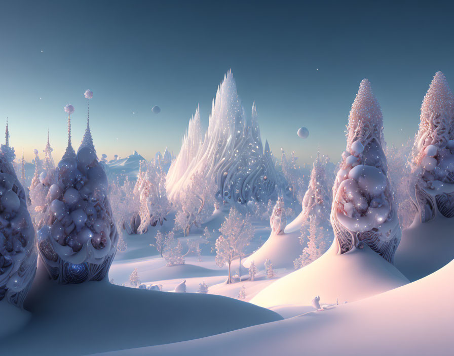 Snowy Landscape with Fantasy Tree Structures and Multiple Moons in Soft Sky