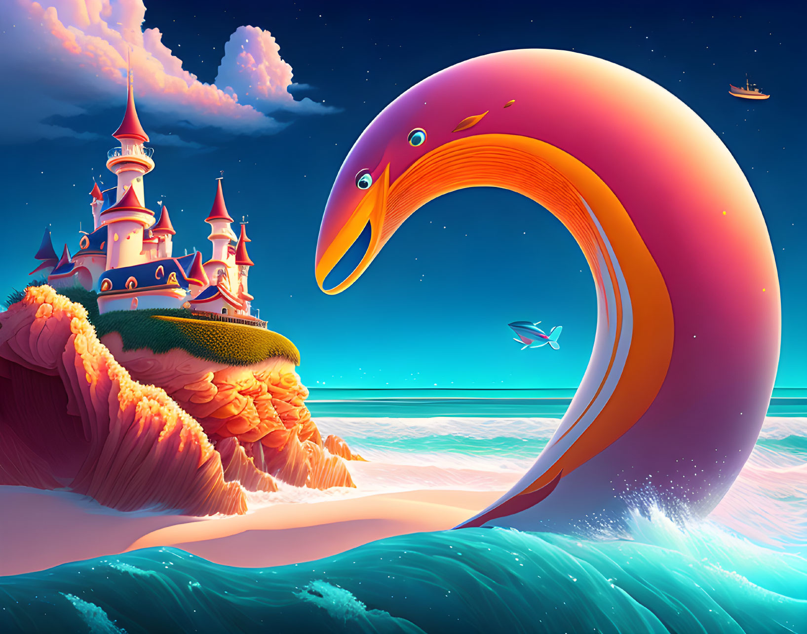 Fantasy seascape with orange serpentine creature and castle at sunset