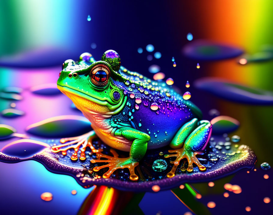 Colorful Frog with Water Droplets on Leaf in Vibrant Scene