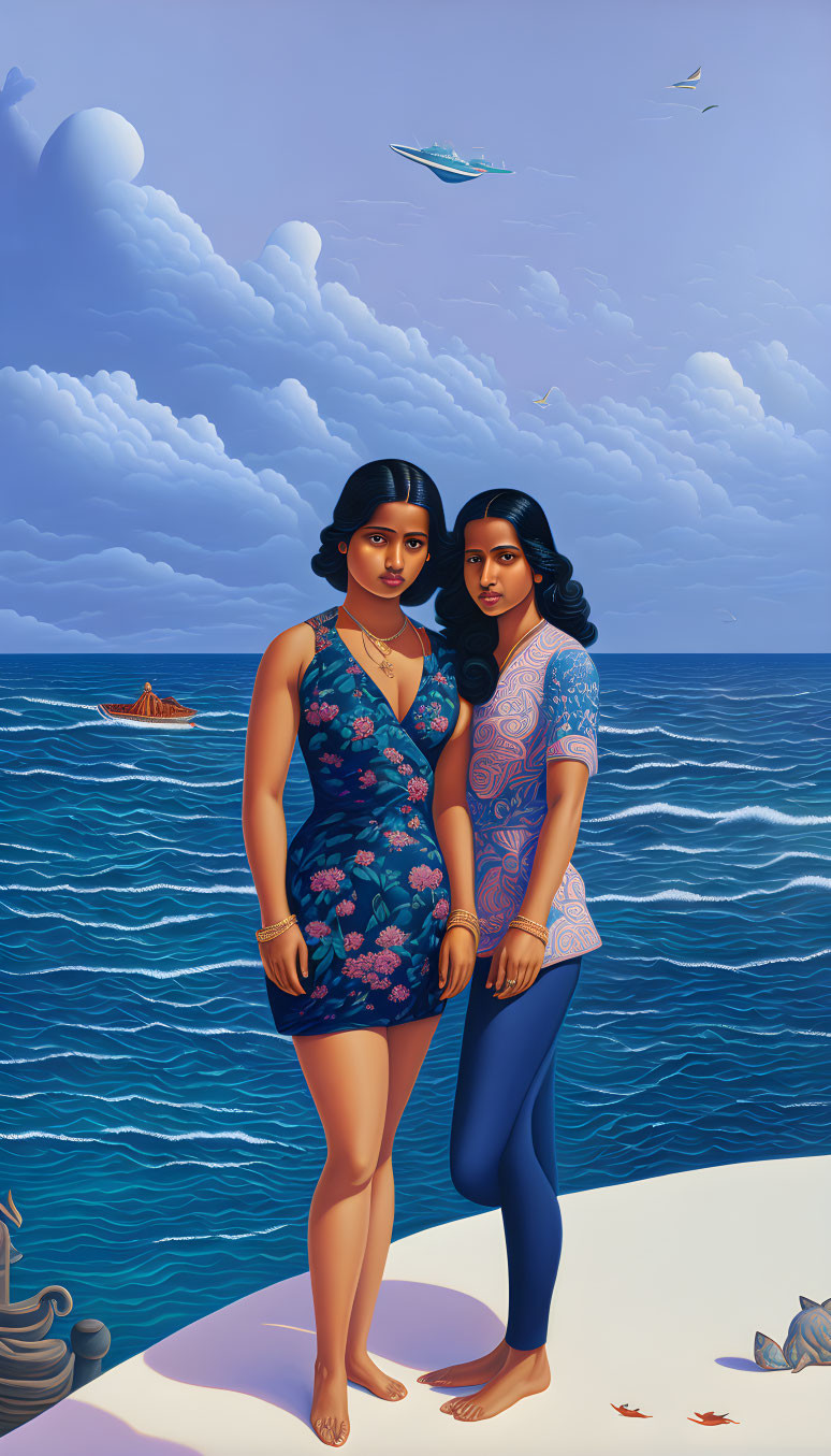 Digital Artwork: Two Women by the Sea with Boats and Flying Fish