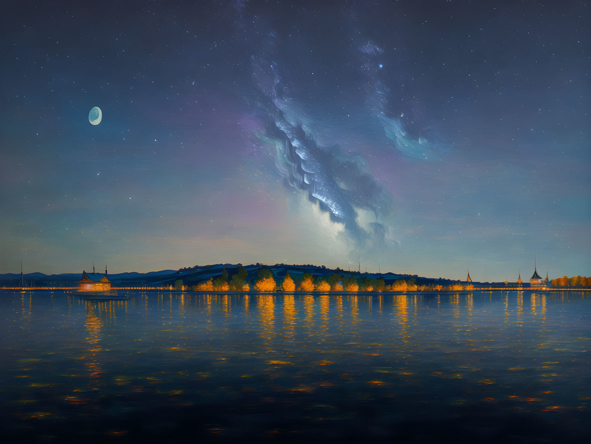 Tranquil lake at twilight with city lights reflection, crescent moon, starry sky, and