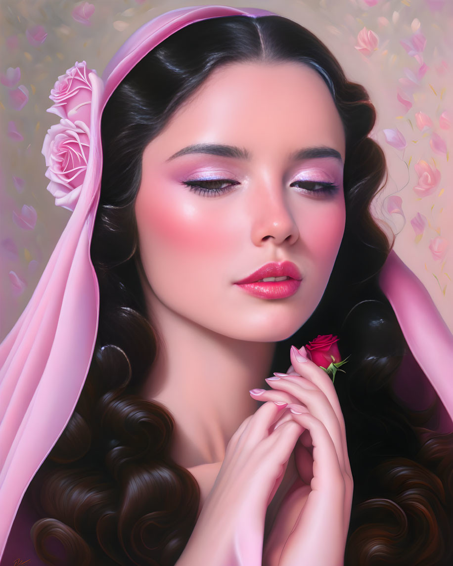 Portrait of woman with rosy cheeks and pink headscarf holding rose, set against soft pink backdrop