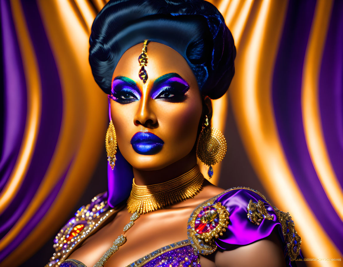 Elaborate Blue and Purple Makeup with Large Earrings on Purple Outfit