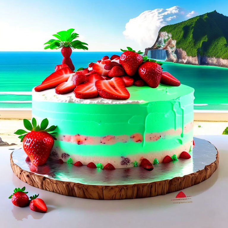 Vibrant Strawberry Cake on Wooden Stand with Tropical Beach Background