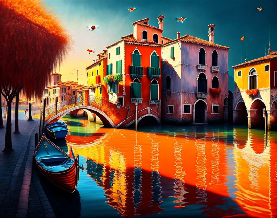 Colorful Venice Artwork: Gondolas, Buildings, Bridge, Sunset Sky