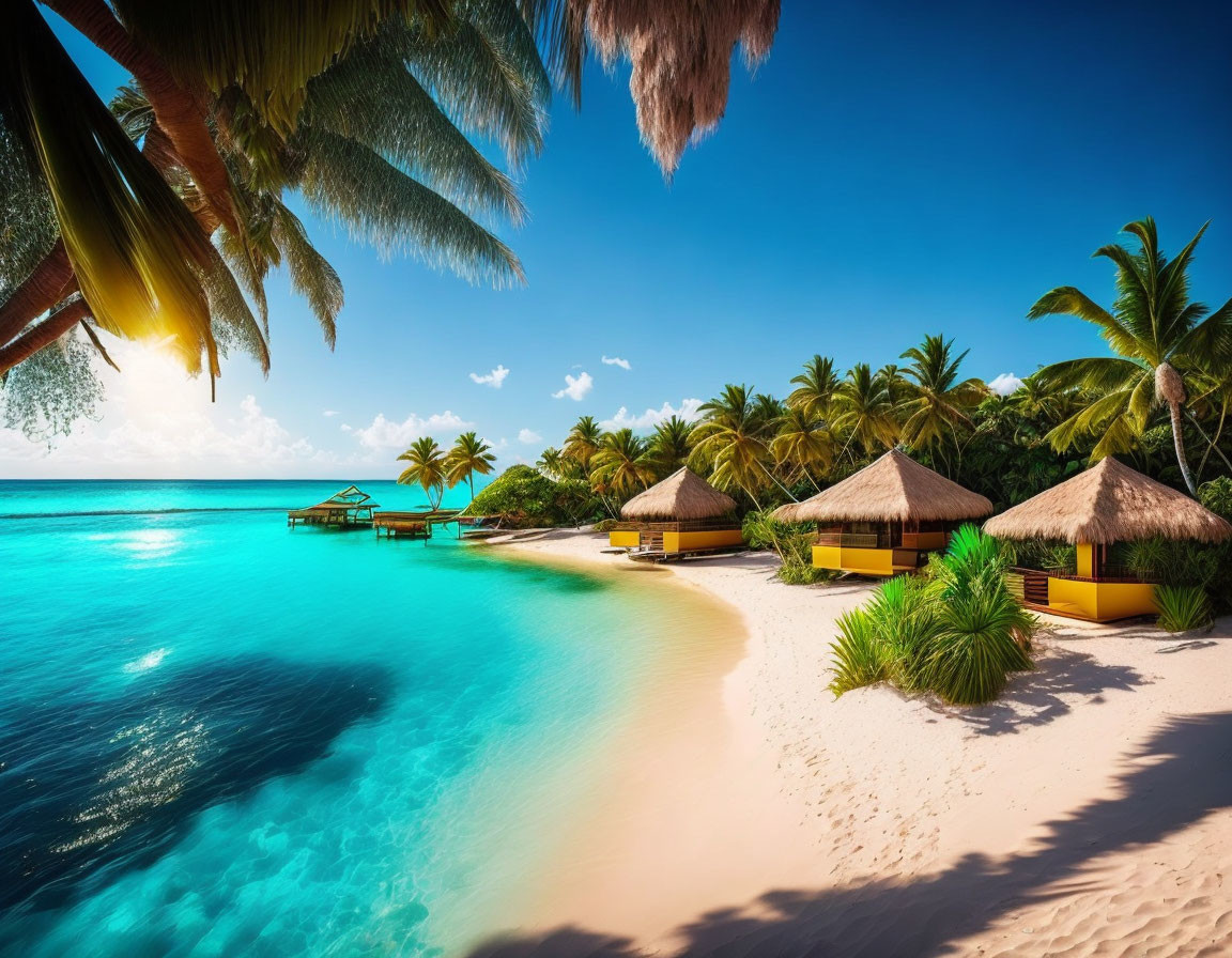 Tropical Beach with Overwater Bungalows and Palm Trees