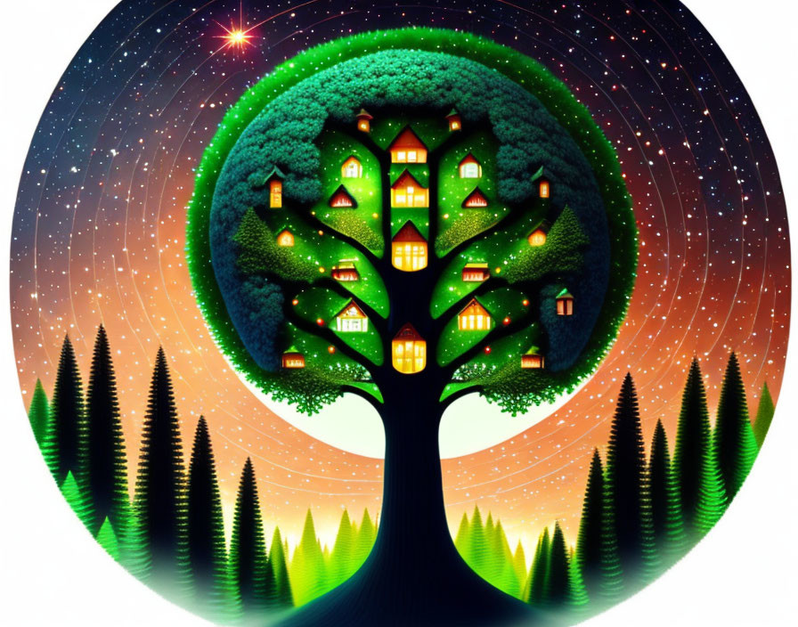 Whimsical image of tree with windows and doors under northern lights