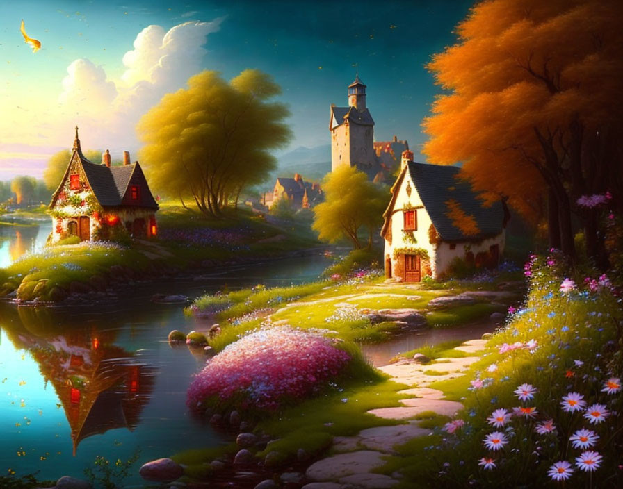 Colorful cottages, castle, vibrant flora, gentle river in serene fairy-tale landscape