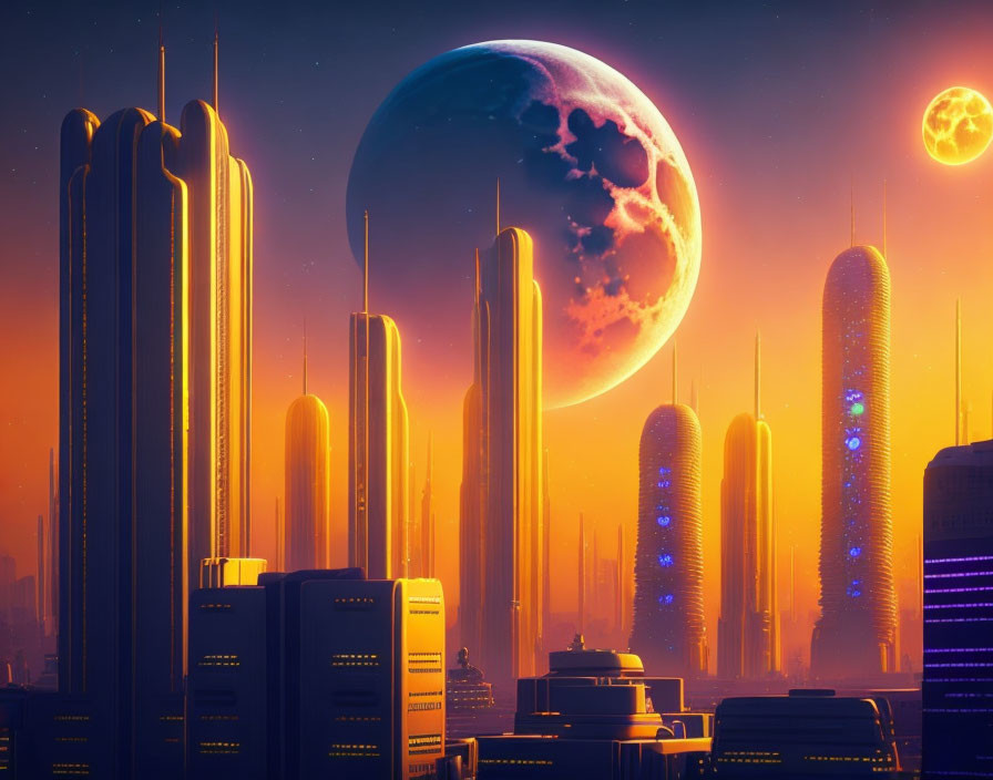 Futuristic city skyline with towering skyscrapers and two large moons under an orange sky