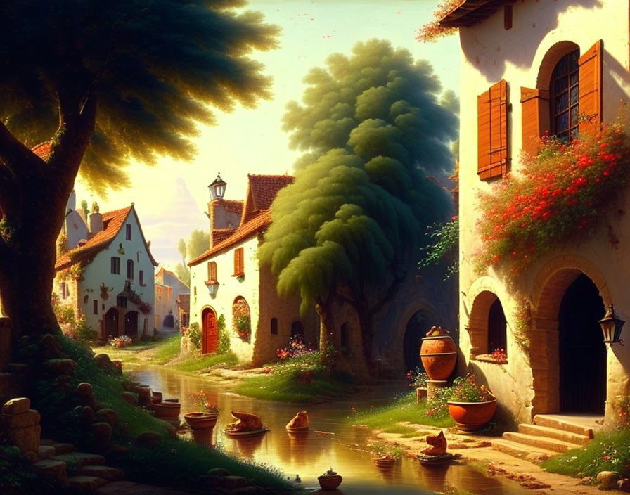 Scenic village with quaint houses, lush trees, serene river