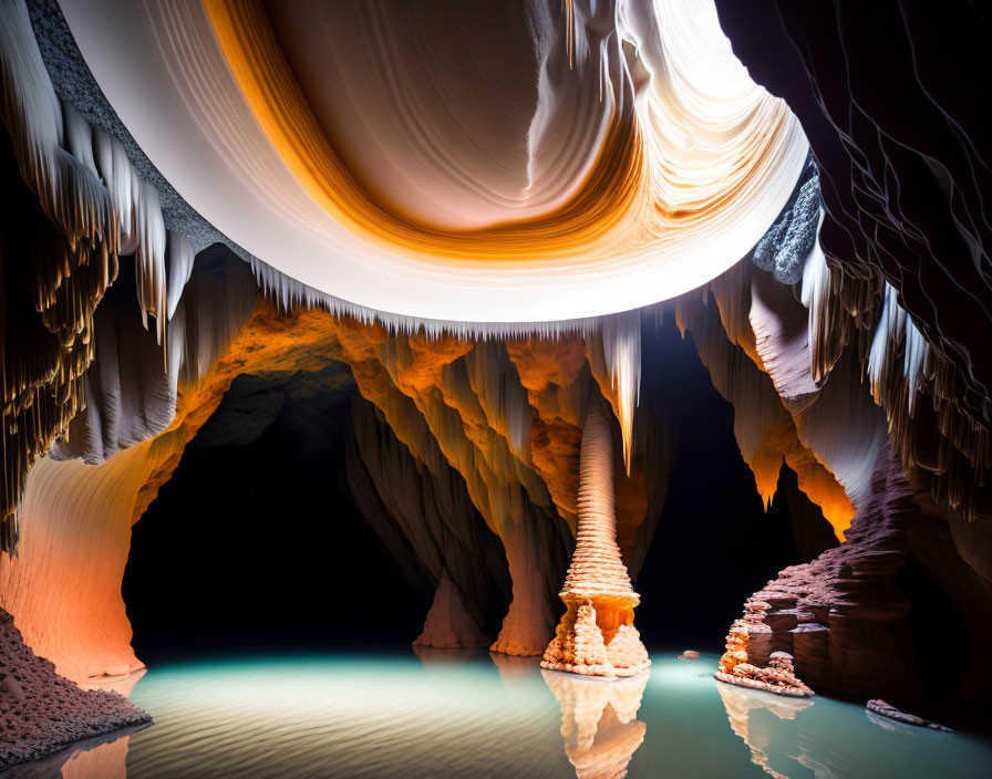 Majestic underground cave with central stalagmite and blue water