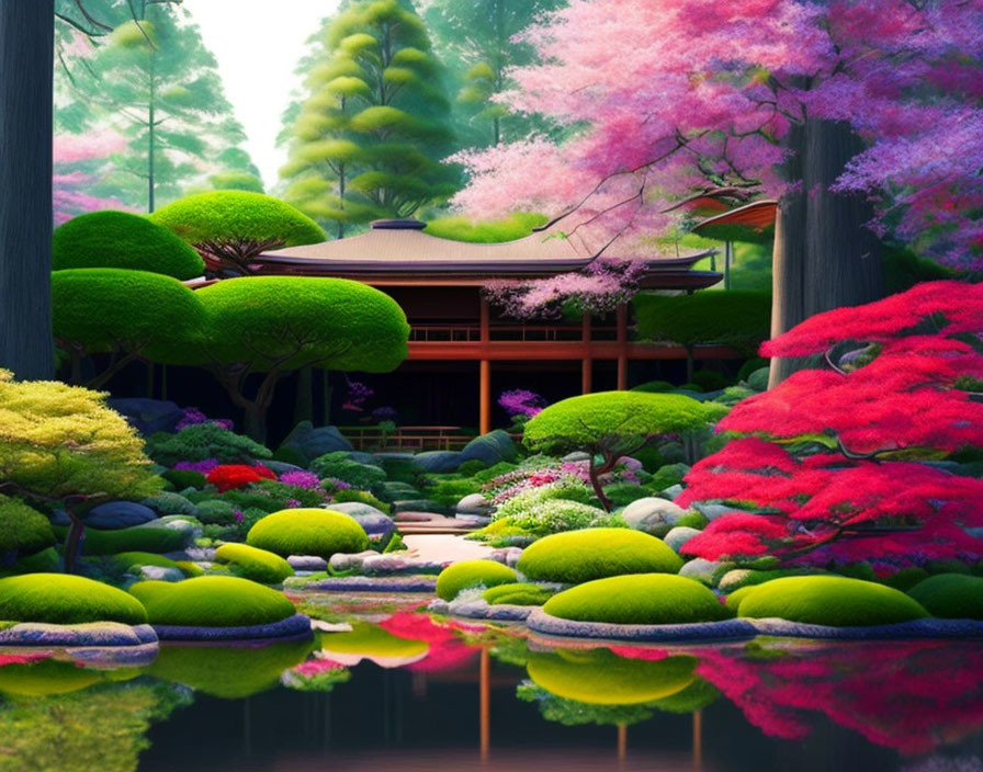 Tranquil Japanese garden with cherry blossoms, moss, pond, and wooden house