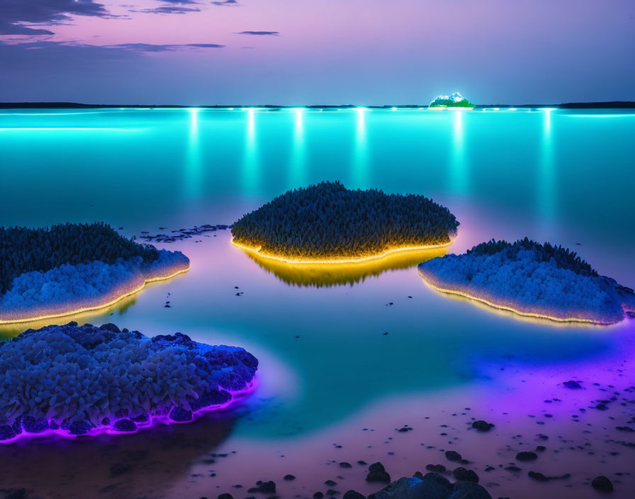 Shoreline illuminated by vibrant blue and purple bioluminescent algae