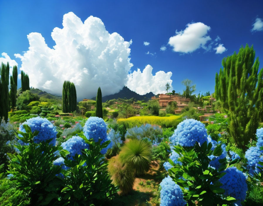 Lush garden with blue hydrangeas, green shrubs, under blue sky.