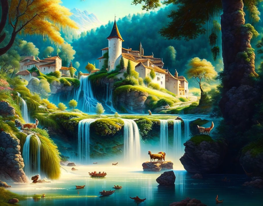 Picturesque village on waterfalls with castle, lush greenery, river boats, and grazing animals.