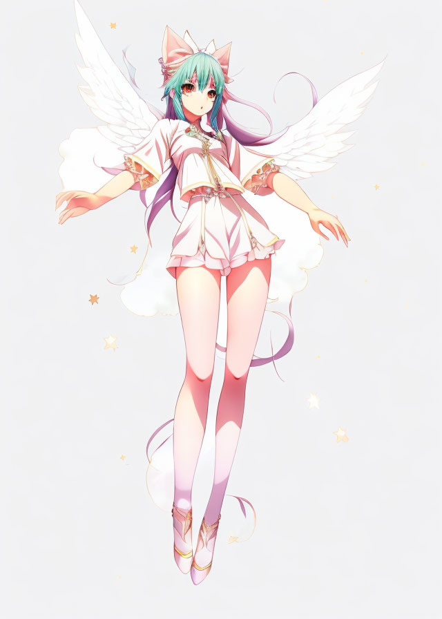 Teal-Haired Anime Character with Wings in White and Pink Outfit