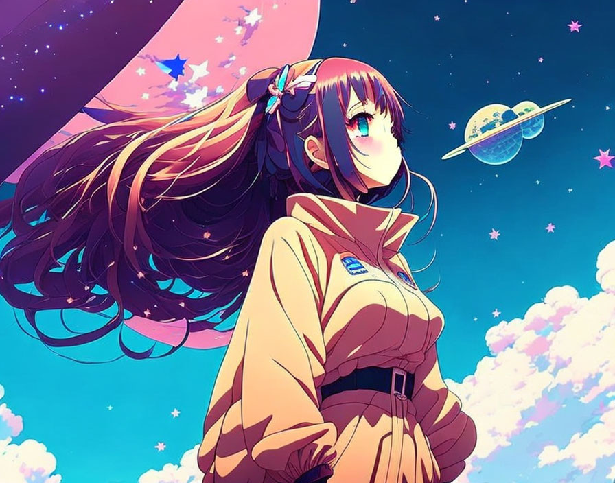 Long-haired girl in yellow jacket gazes at night sky with stars, planet, and crescent moon