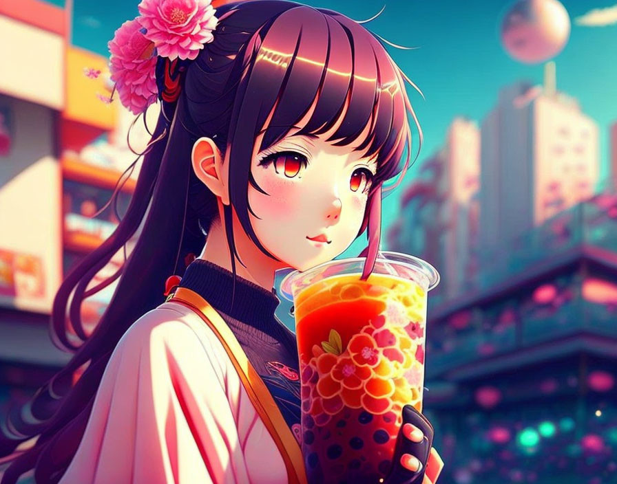 Brown-haired anime girl with bubble tea in hand against cityscape and pink sky