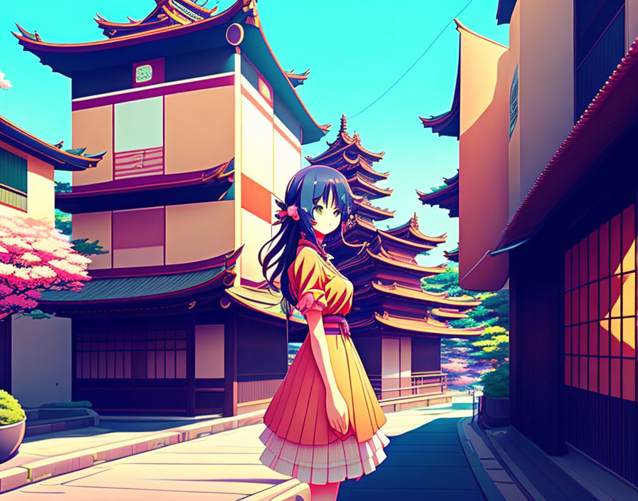 Anime-style girl in yellow dress near Japanese buildings with cherry blossoms