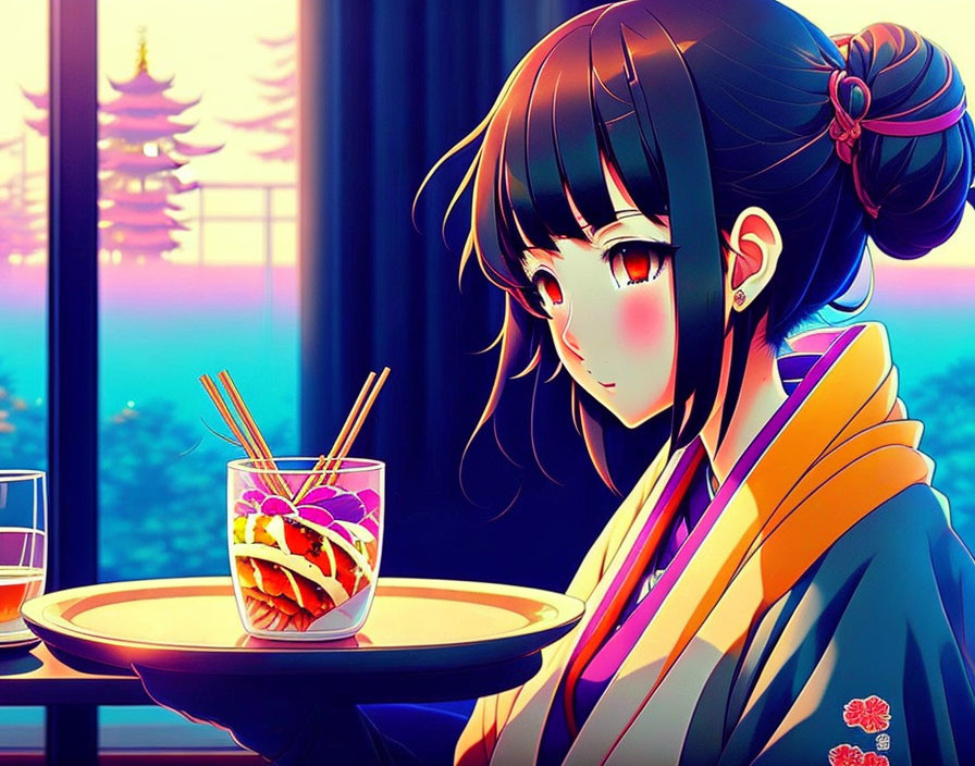 Traditional Japanese attire animated girl with food at table in front of sunset temple