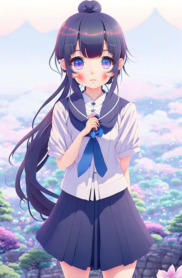 Anime girl with long black hair and blue eyes in school uniform on floral background