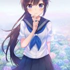 Anime girl with long black hair and blue eyes in school uniform on floral background