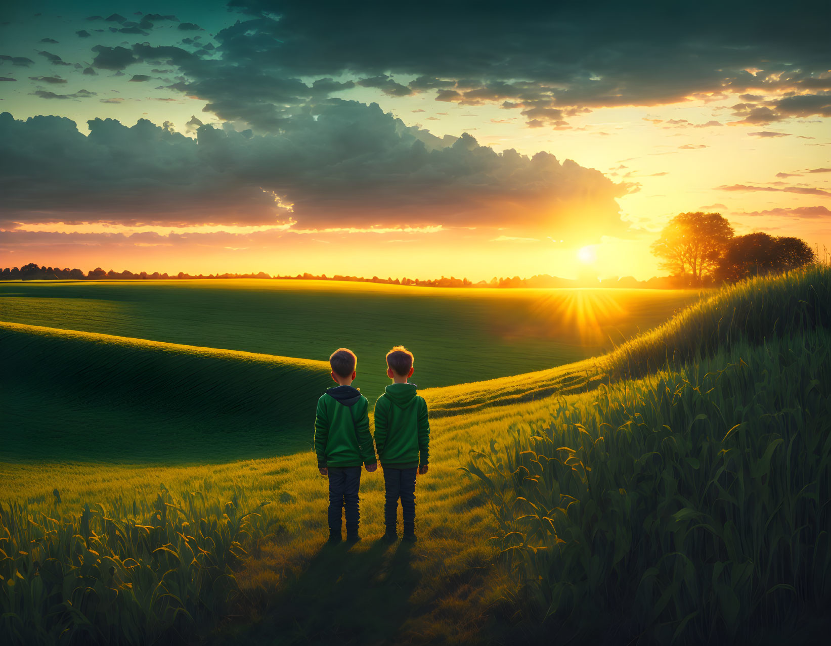 Children holding hands in green field at sunrise.