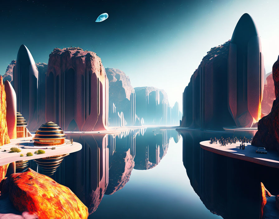 Futuristic cityscape with sleek buildings, water body, rock formations, and spacecraft.