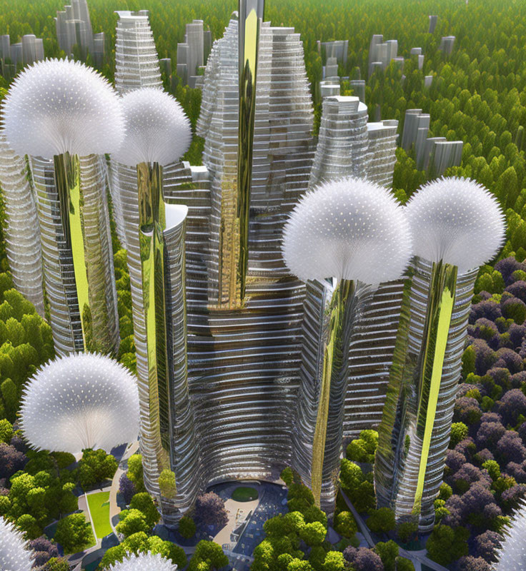 Futuristic cityscape with greenery and flower-like skyscrapers