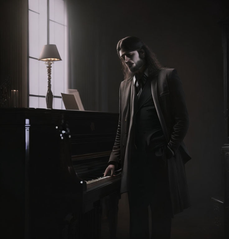 Man with Long Hair and Beard in Dark Coat by Piano in Dimly Lit Room