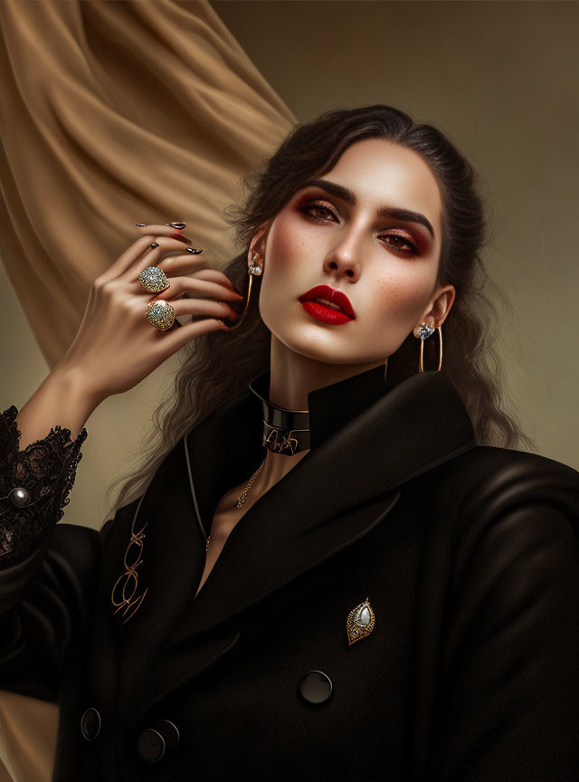 Dark-haired woman in red lipstick and statement jewelry poses in black blazer on beige backdrop