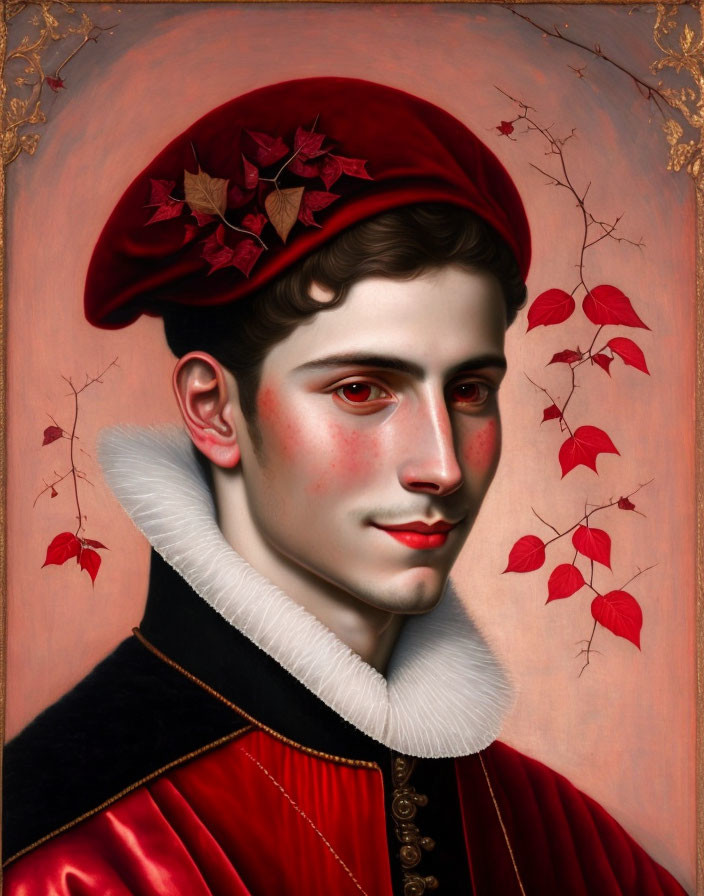 Digital artwork: Young man in Renaissance attire with red leaves and berries, set against leaf motif background.