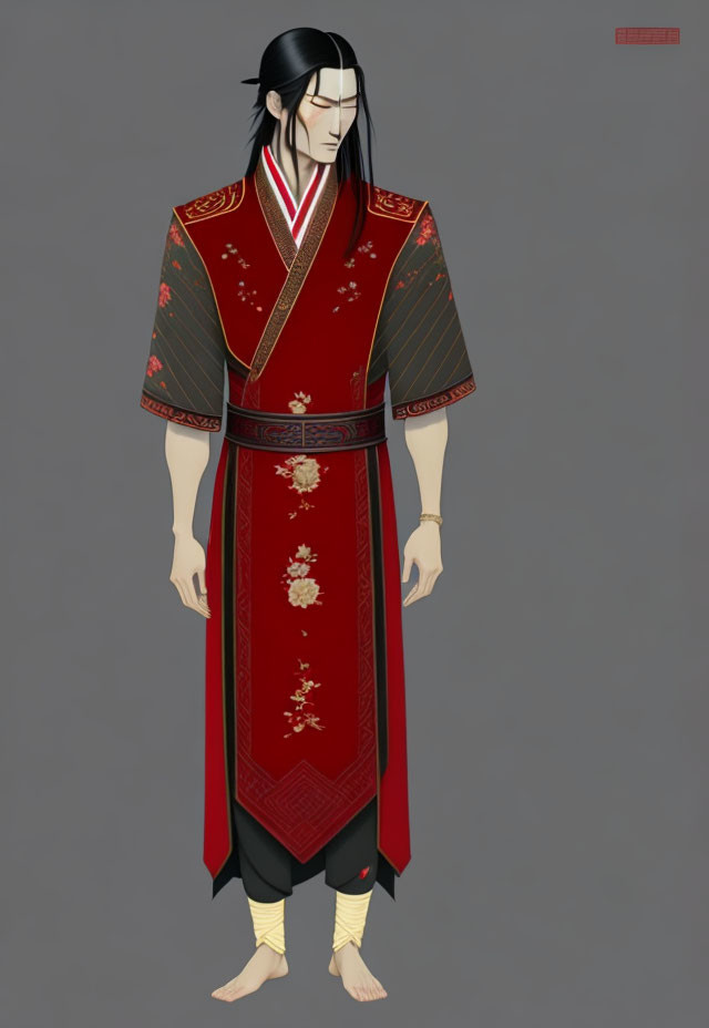 Illustrated male figure in red and black Asian attire with gold accents.