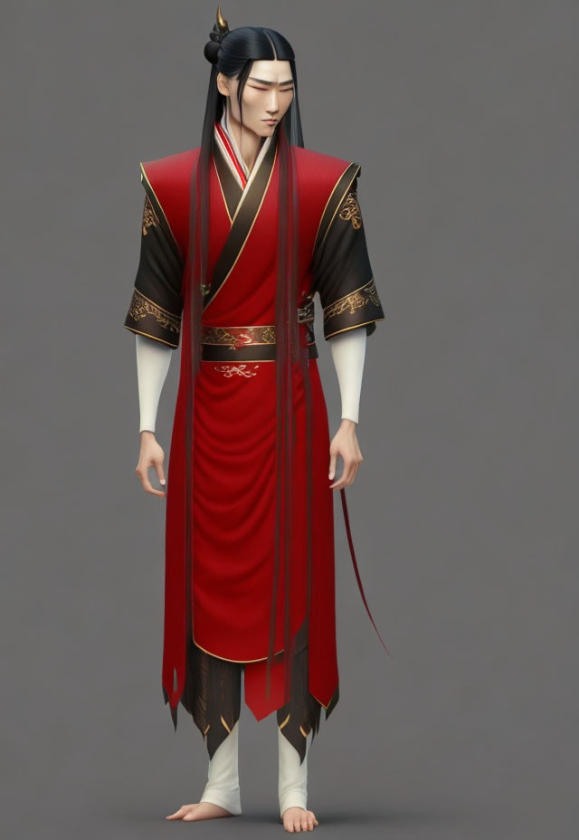 Male figure in traditional East Asian attire with red robe and topknot hairstyle