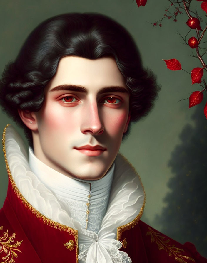 Young man portrait with dark hair, red eyes, in period outfit against green backdrop.