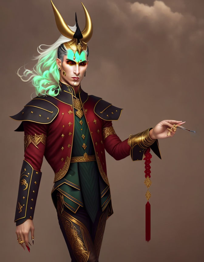 Pale-skinned character in ornate armor with teal hair and pointed ears holding a wand.