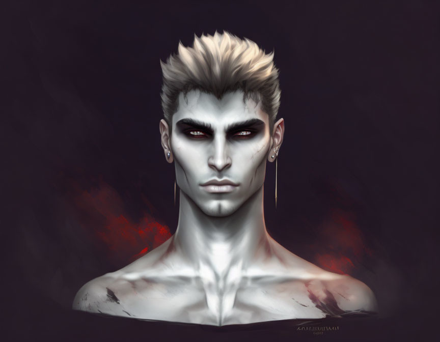 Male digital portrait: white skin, yellow eyes, blond spiky hair, dark background with red